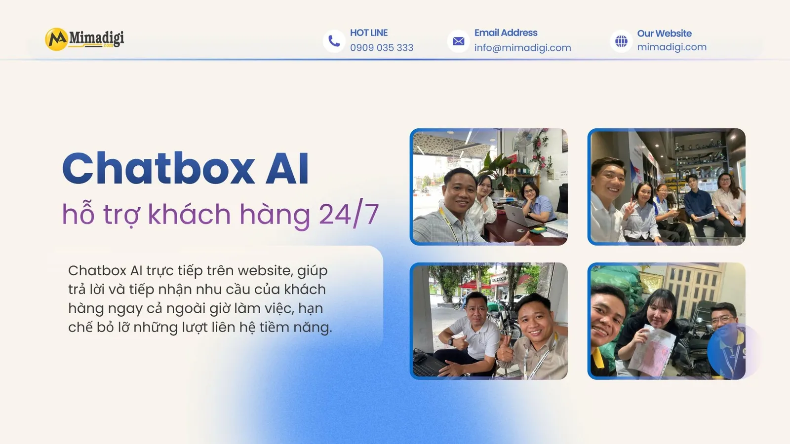 Chatbox AI MIMA tiếp nhận và phản hồi khách hàng trên website ngoài giờ