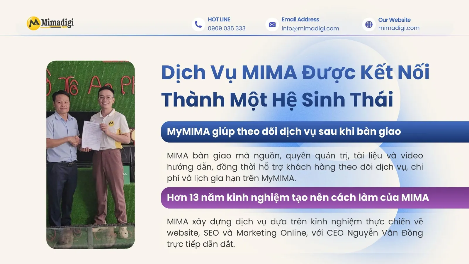 Hệ sinh thái dịch vụ MIMA kết nối website, Marketing, AI, Media và công nghệ