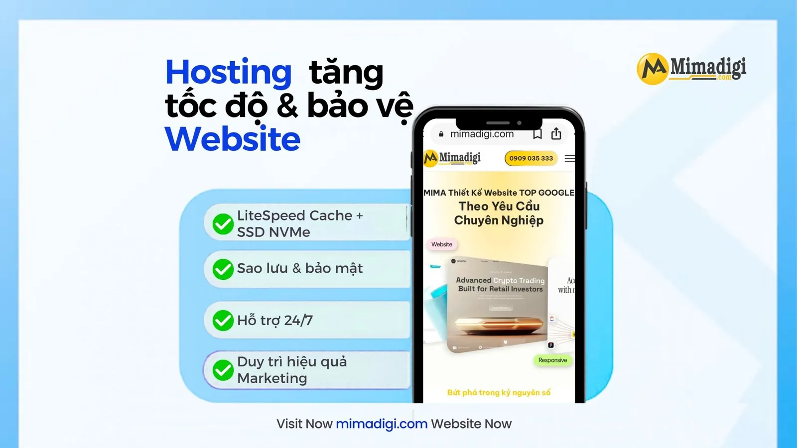 Hosting SEO MIMA sử dụng LiteSpeed Cache, SSD NVMe Enterprise, sao lưu dữ liệu tự động và hỗ trợ kỹ thuật 24/7.