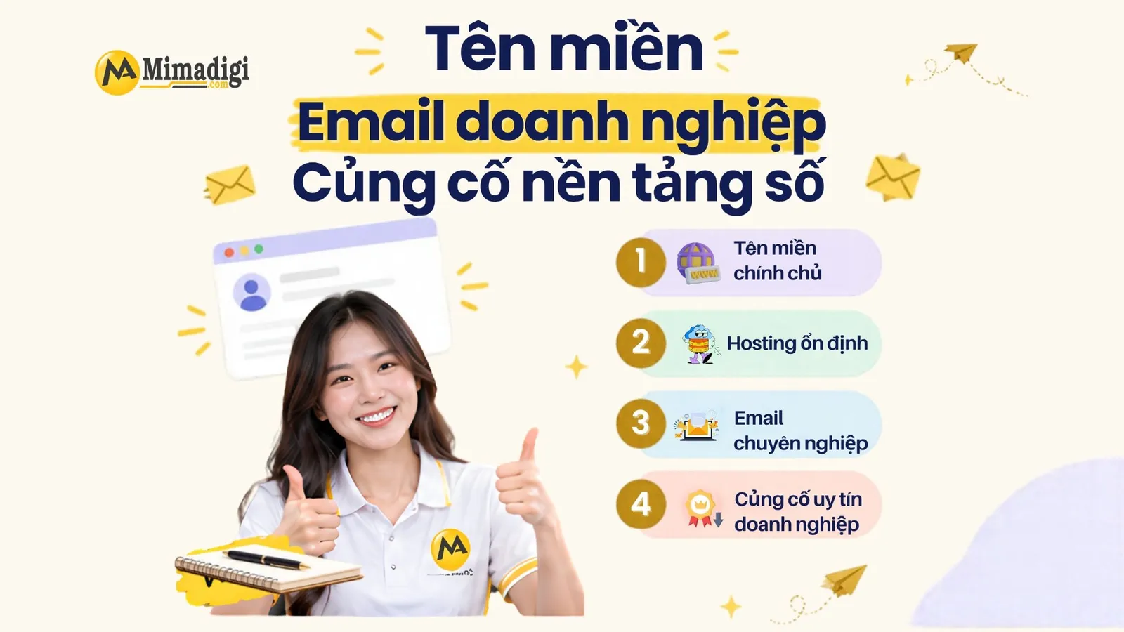 Tên miền chính chủ và email doanh nghiệp giúp bảo vệ thương hiệu, tăng uy tín giao tiếp với khách hàng.