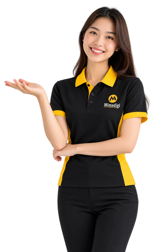 A MIMA team member in the black and yellow uniform, smiling