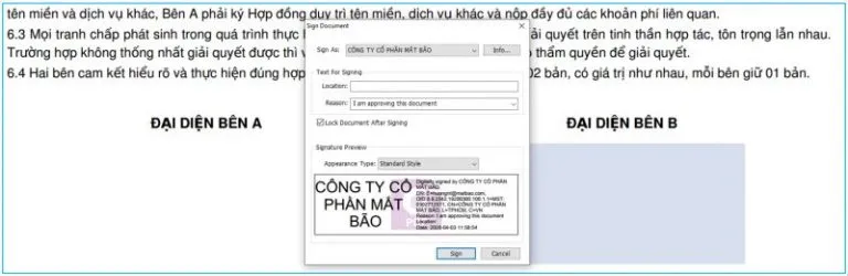 Bước 4: Chọn chứng thư số và thiết lập thông tin chữ ký