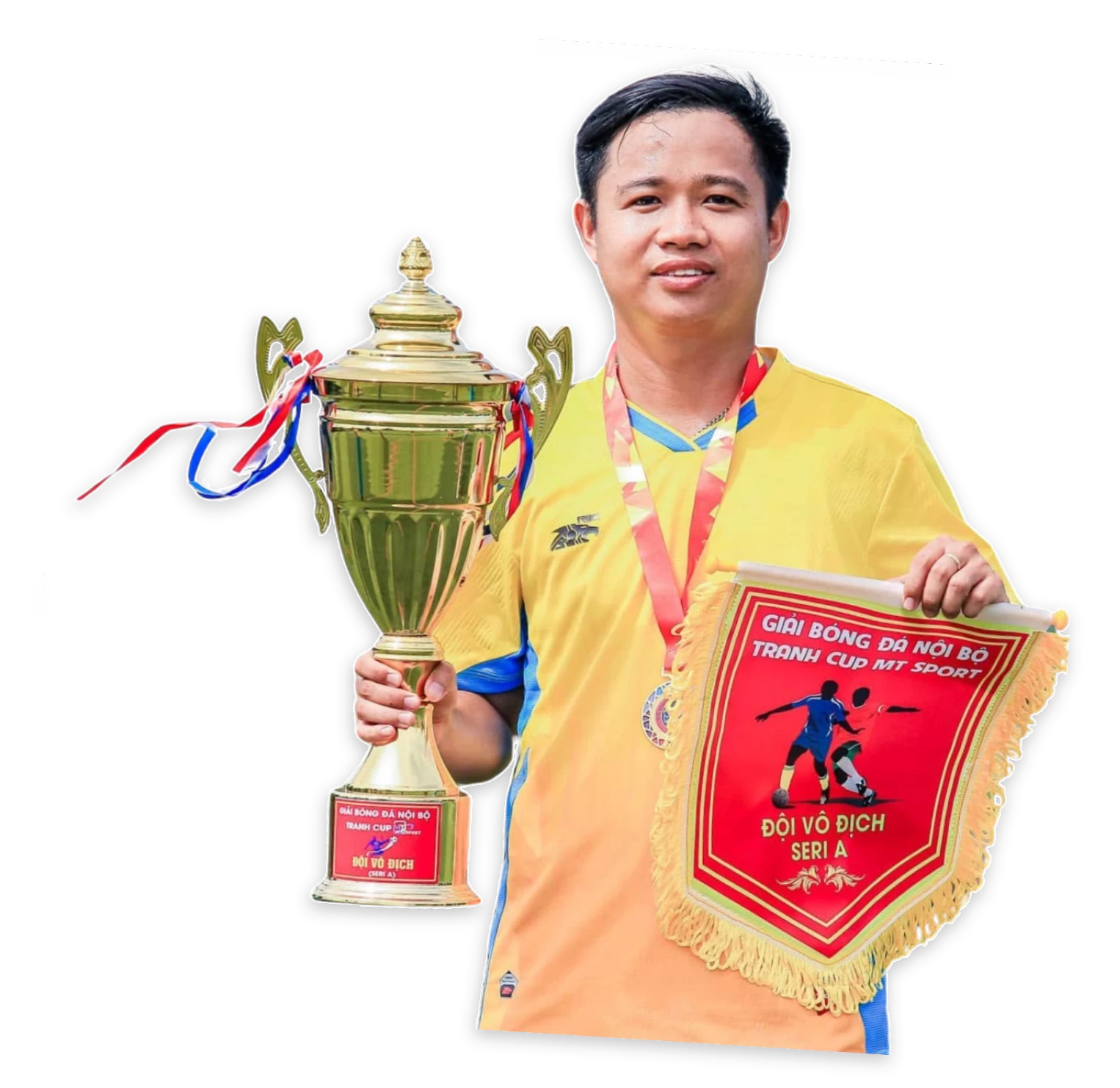 Thành viên MIMA cầm cúp và cờ đội vô địch giải bóng đá nội bộ