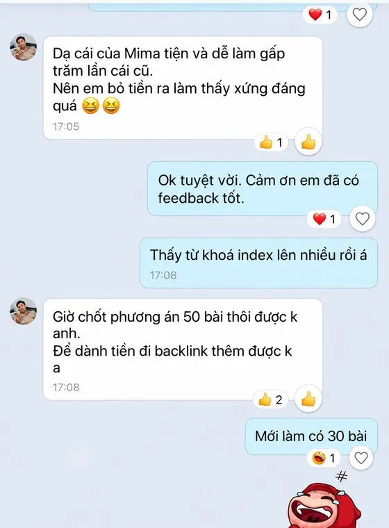 Ảnh chụp tin nhắn khách hàng gửi cho MIMA