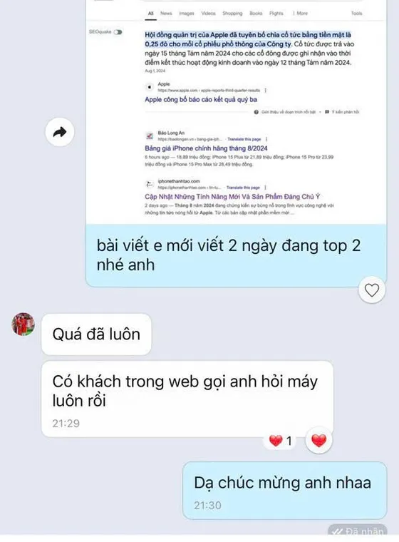 Ảnh chụp tin nhắn khách hàng gửi cho MIMA