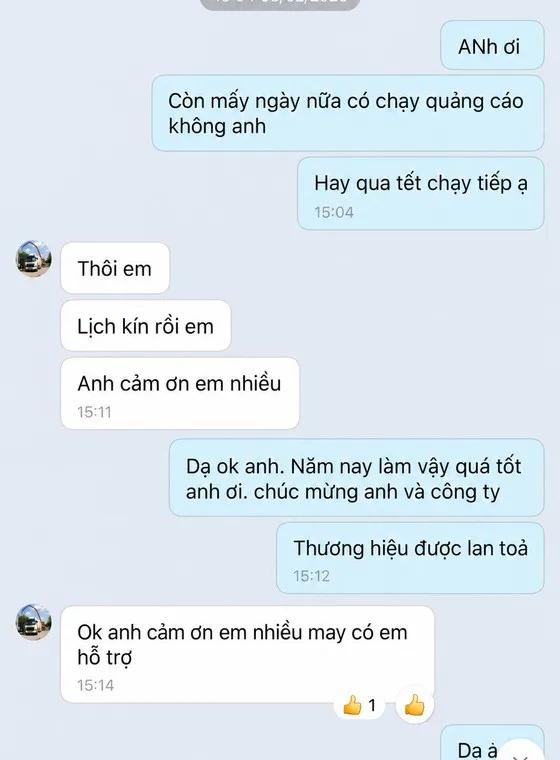 Ảnh chụp tin nhắn khách hàng gửi cho MIMA