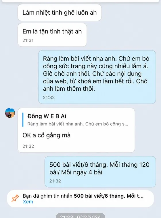 Ảnh chụp tin nhắn khách hàng gửi cho MIMA