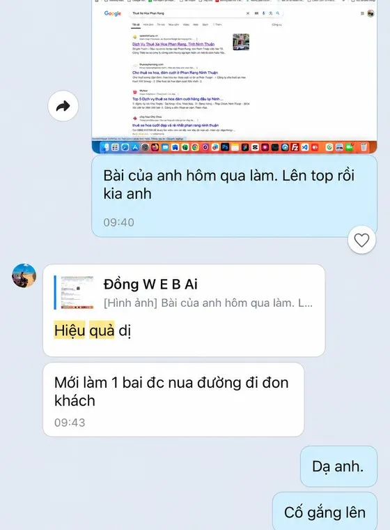 Ảnh chụp tin nhắn khách hàng gửi cho MIMA