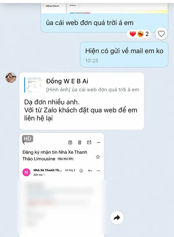 Ảnh chụp tin nhắn khách hàng gửi cho MIMA