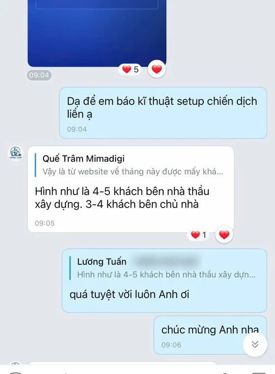 Ảnh chụp tin nhắn khách hàng gửi cho MIMA