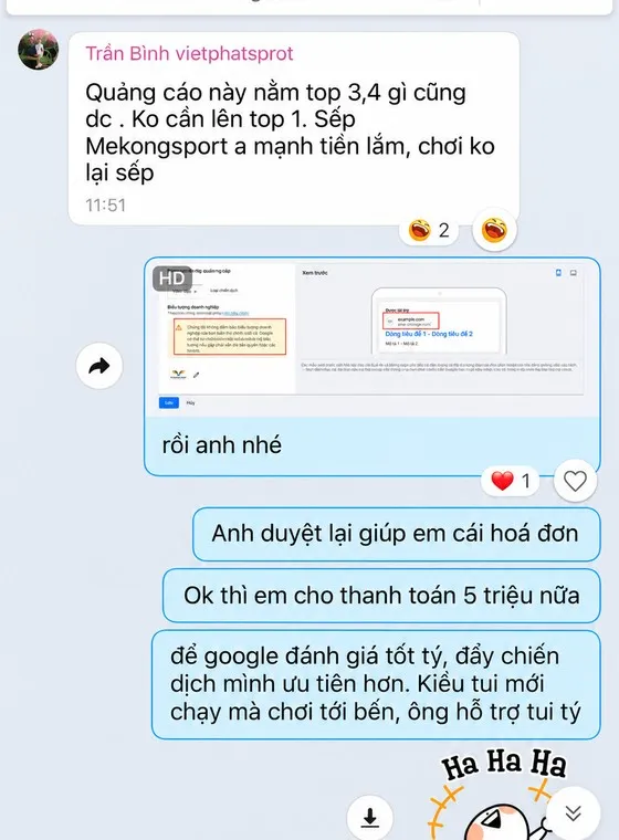 Ảnh chụp tin nhắn khách hàng gửi cho MIMA