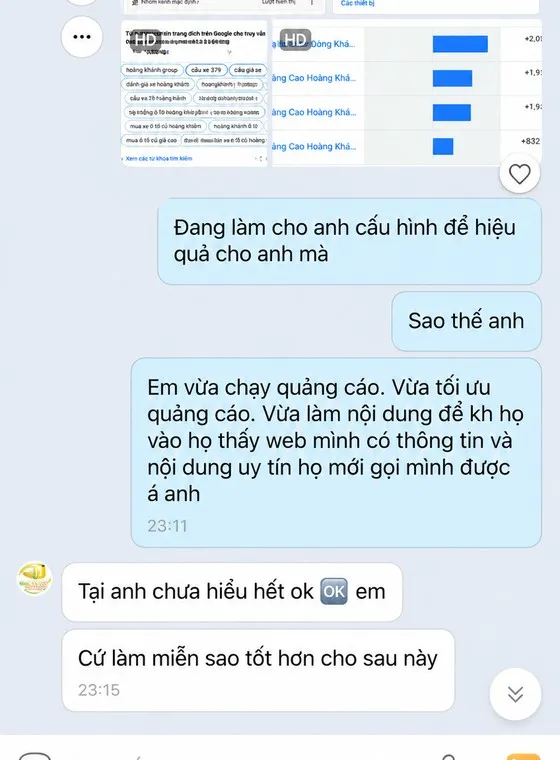 Ảnh chụp tin nhắn khách hàng gửi cho MIMA