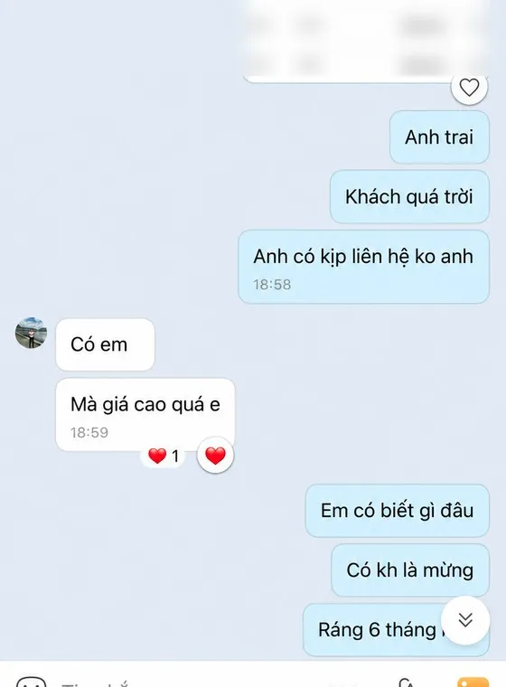 Ảnh chụp tin nhắn khách hàng gửi cho MIMA