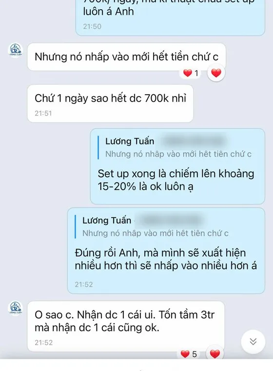 Ảnh chụp tin nhắn khách hàng gửi cho MIMA