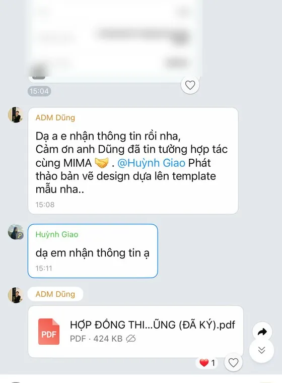 Ảnh chụp tin nhắn khách hàng gửi cho MIMA