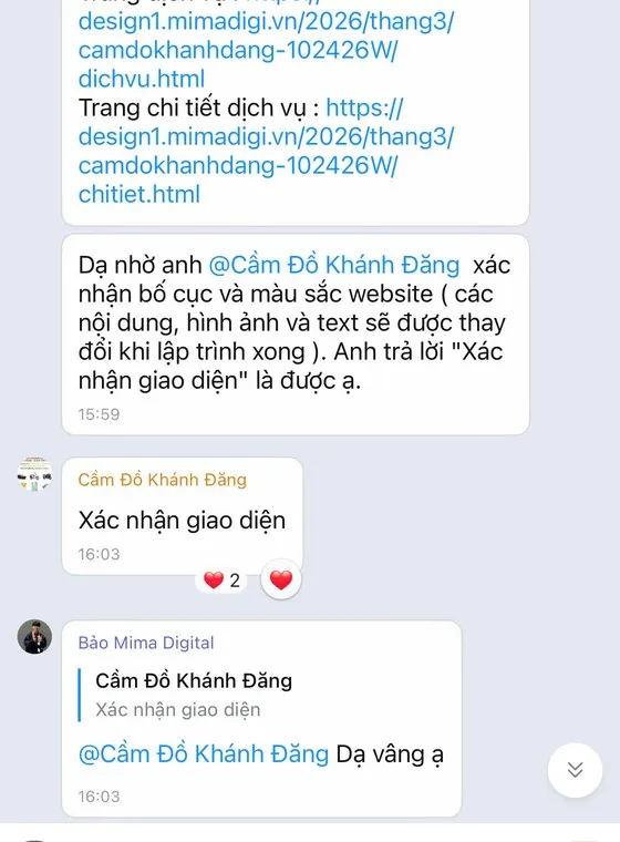 Ảnh chụp tin nhắn khách hàng gửi cho MIMA