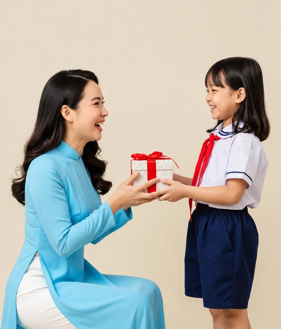 Học sinh tặng quà cô giáo mặc áo dài