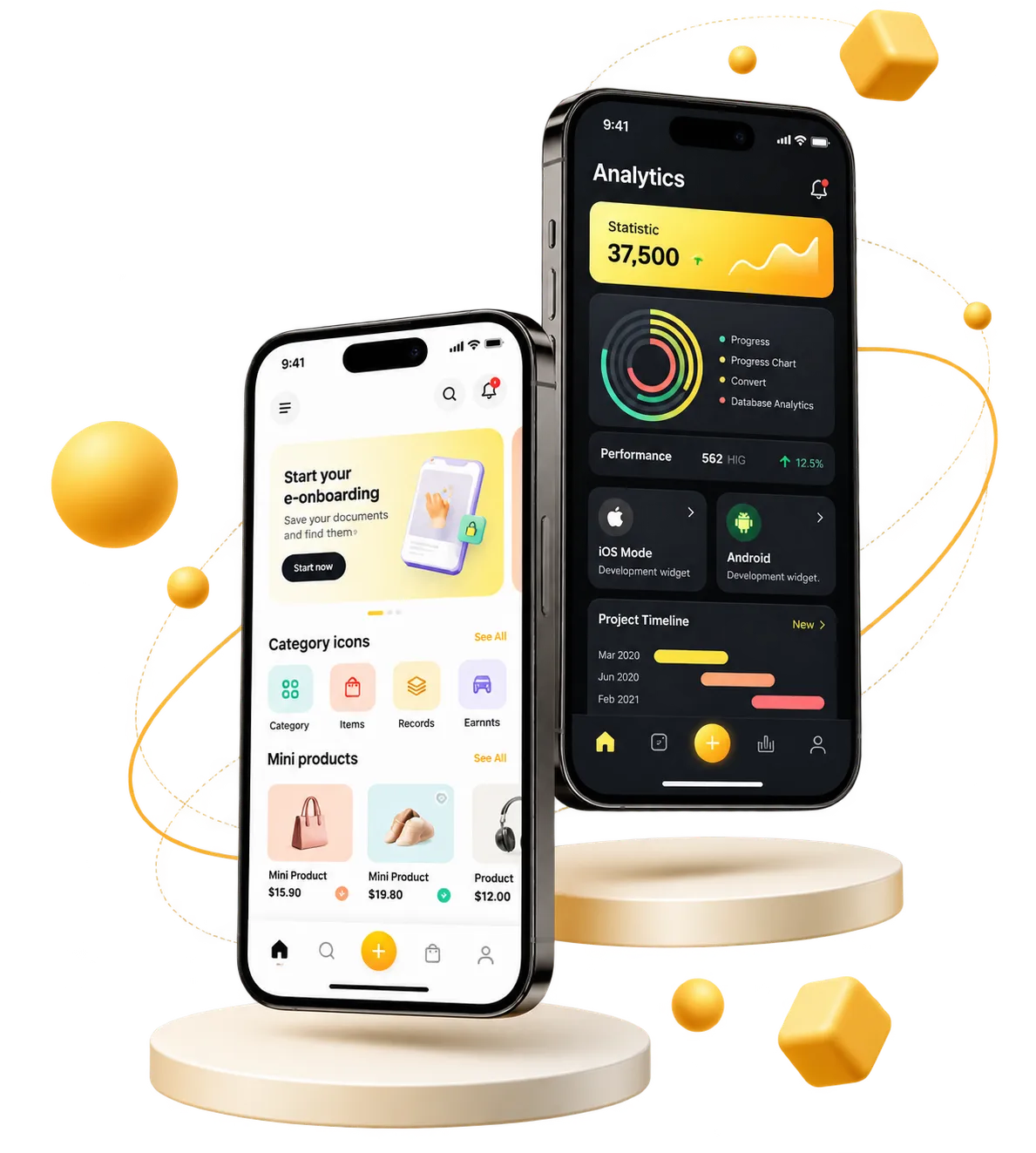 Hai điện thoại chạy app quản trị và analytics của MIMA