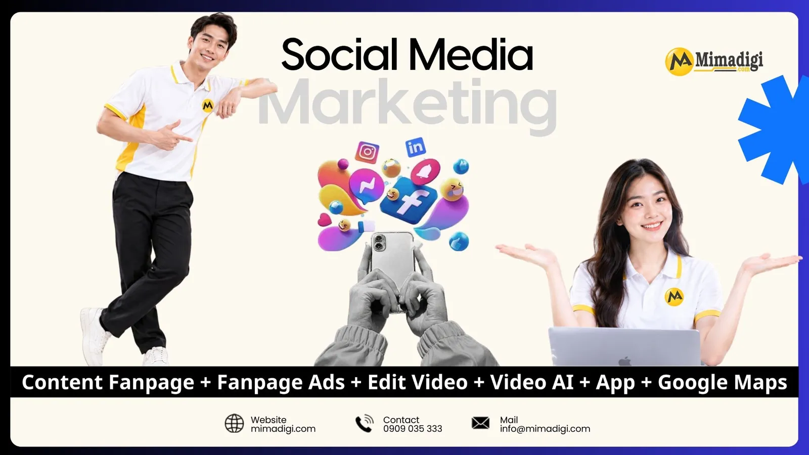 Dịch vụ Marketing Social MIMA gồm video AI, nội dung Fanpage, quảng cáo Facebook, tối ưu Google Maps và tạo App