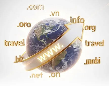 Quả địa cầu bao quanh bởi các đuôi tên miền .com, .vn, .net, .info