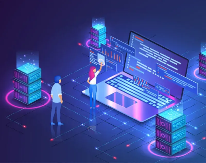 Bàn tay chạm vào bảng điều khiển “Web hosting” với các biểu tượng máy chủ và bảo mật