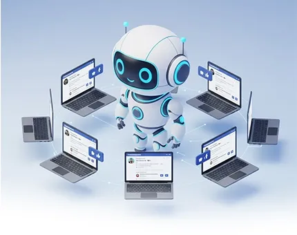 Bàn tay gõ laptop bên tách cà phê, biểu tượng mạng xã hội Facebook, Google, YouTube phía dưới