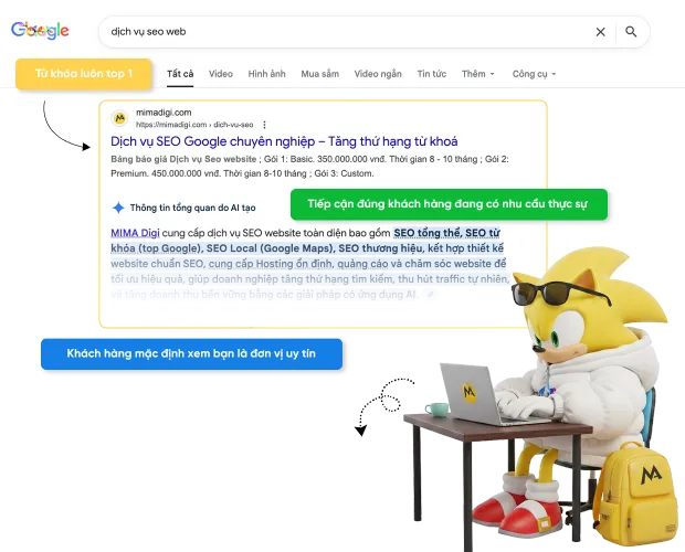 Kết quả tìm kiếm Google với trang dịch vụ SEO của MIMA Digi ở vị trí đầu