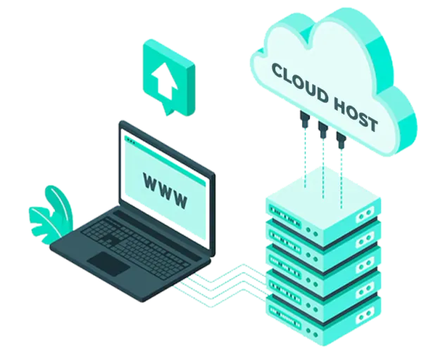 Minh hoạ laptop kết nối tới cụm máy chủ cloud hosting