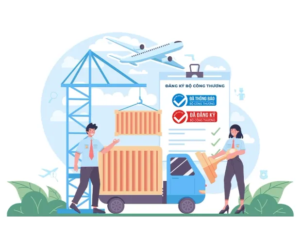 Tranh minh hoạ hồ sơ đăng ký website với Bộ Công Thương bên cạnh xe tải và container hàng hoá