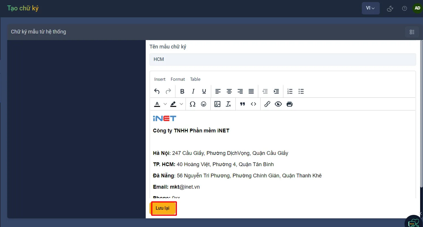 Hướng dẫn quản lý mẫu chữ ký trên trang quản trị OneMail