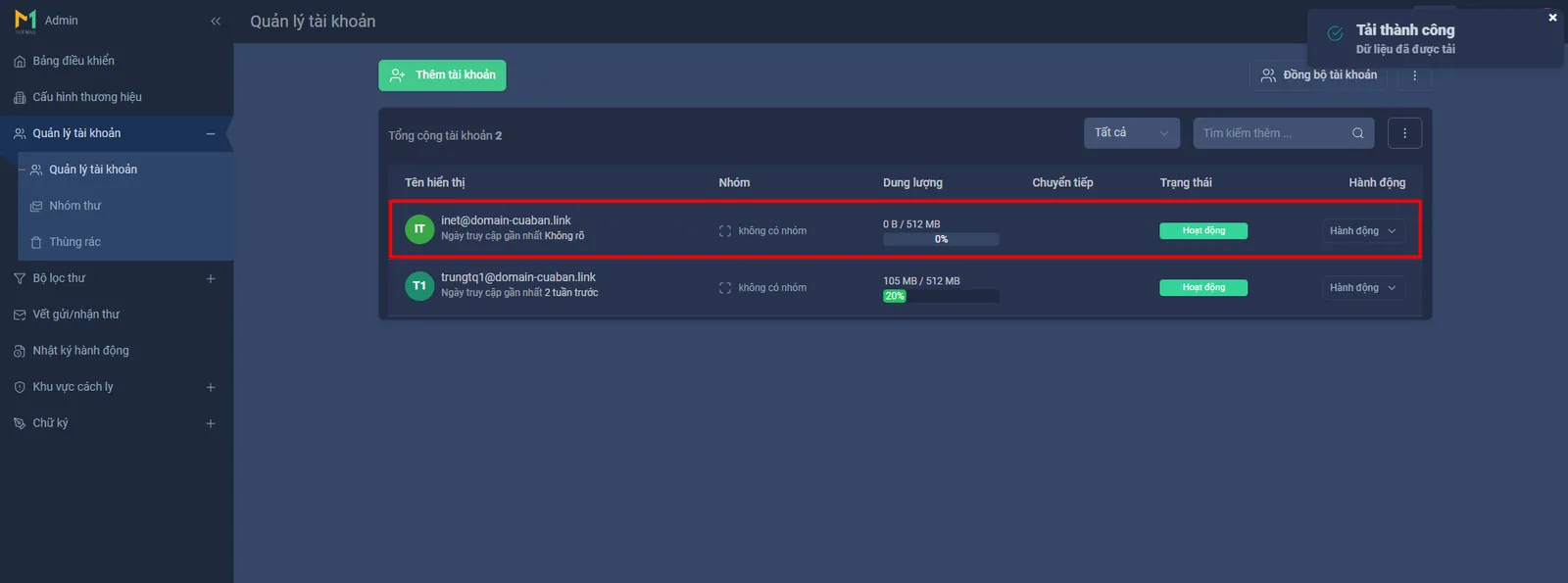 Hướng dẫn quản lý tài khoản trên trang quản trị OneMail