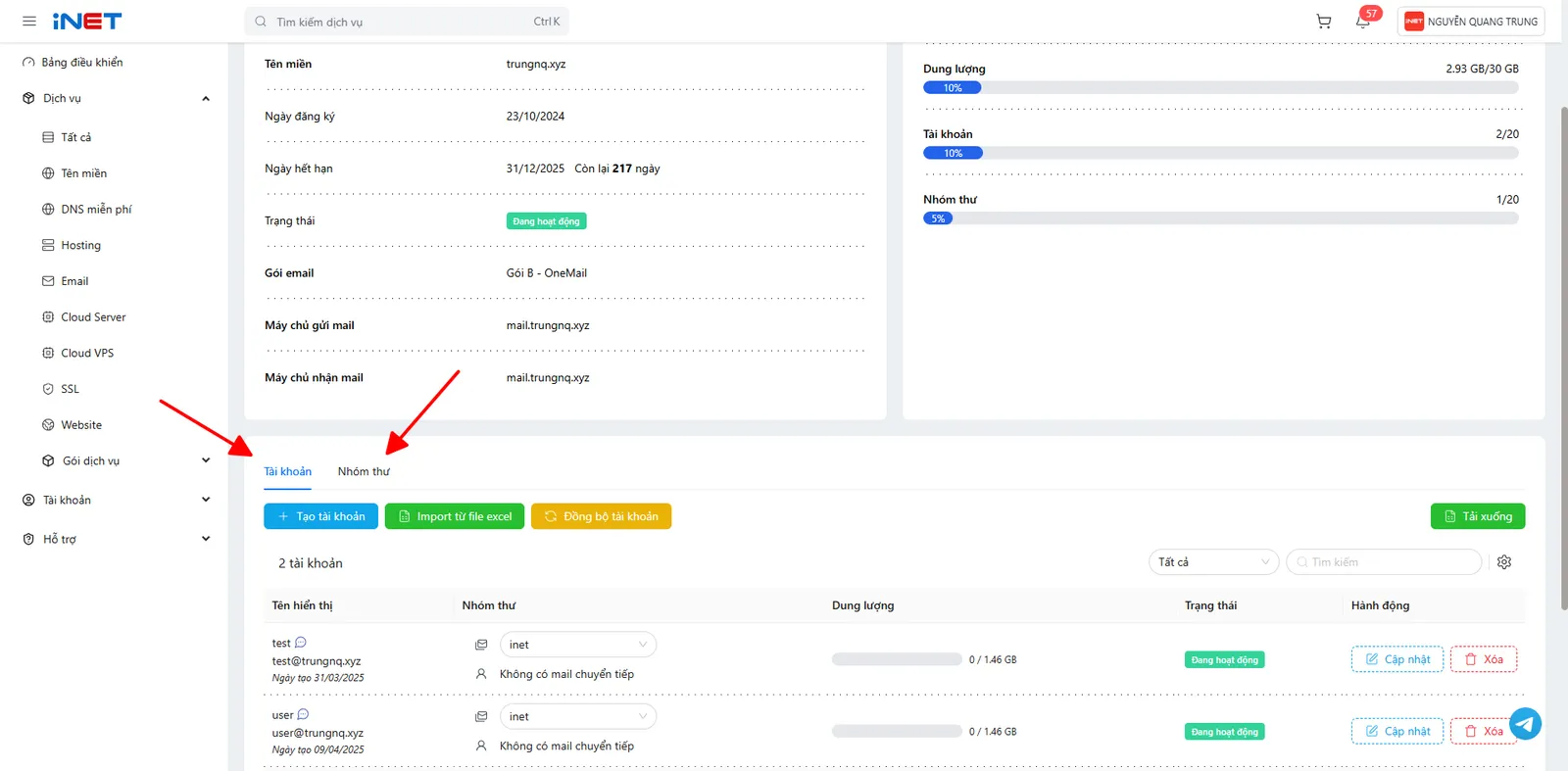 Hướng dẫn quản lý tài khoản trên trang quản trị OneMail