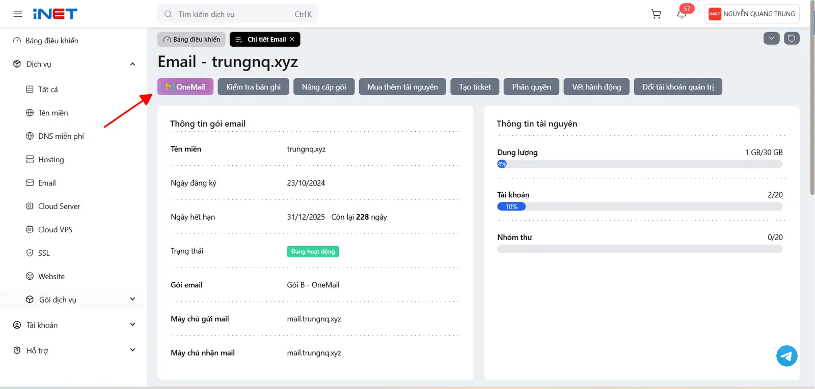Hướng dẫn quản lý tài khoản trên trang quản trị OneMail