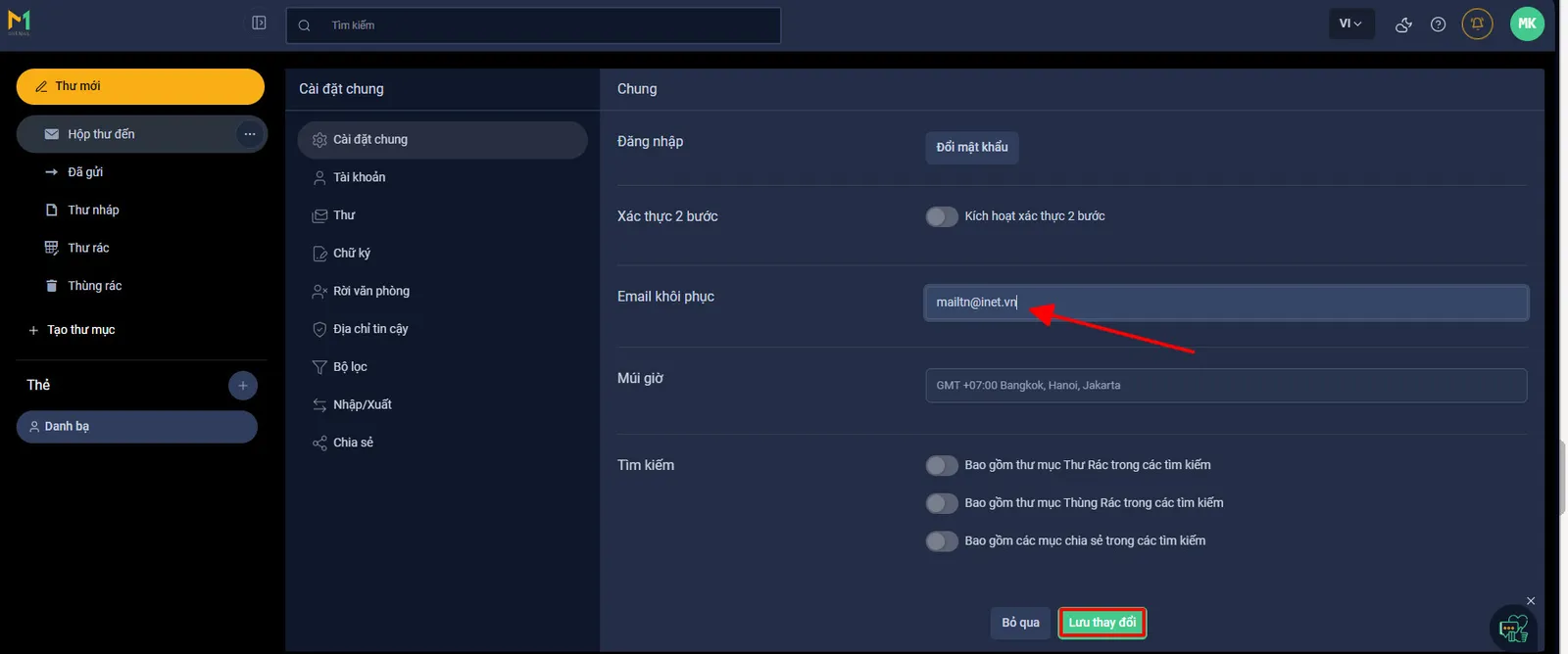 Tìm mục Email khôi phục