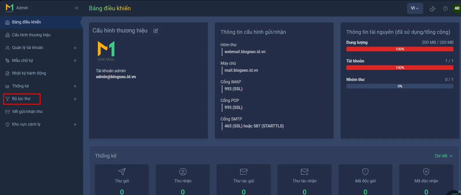 Hướng dẫn tạo bộ lọc trên trang quản trị OneMail