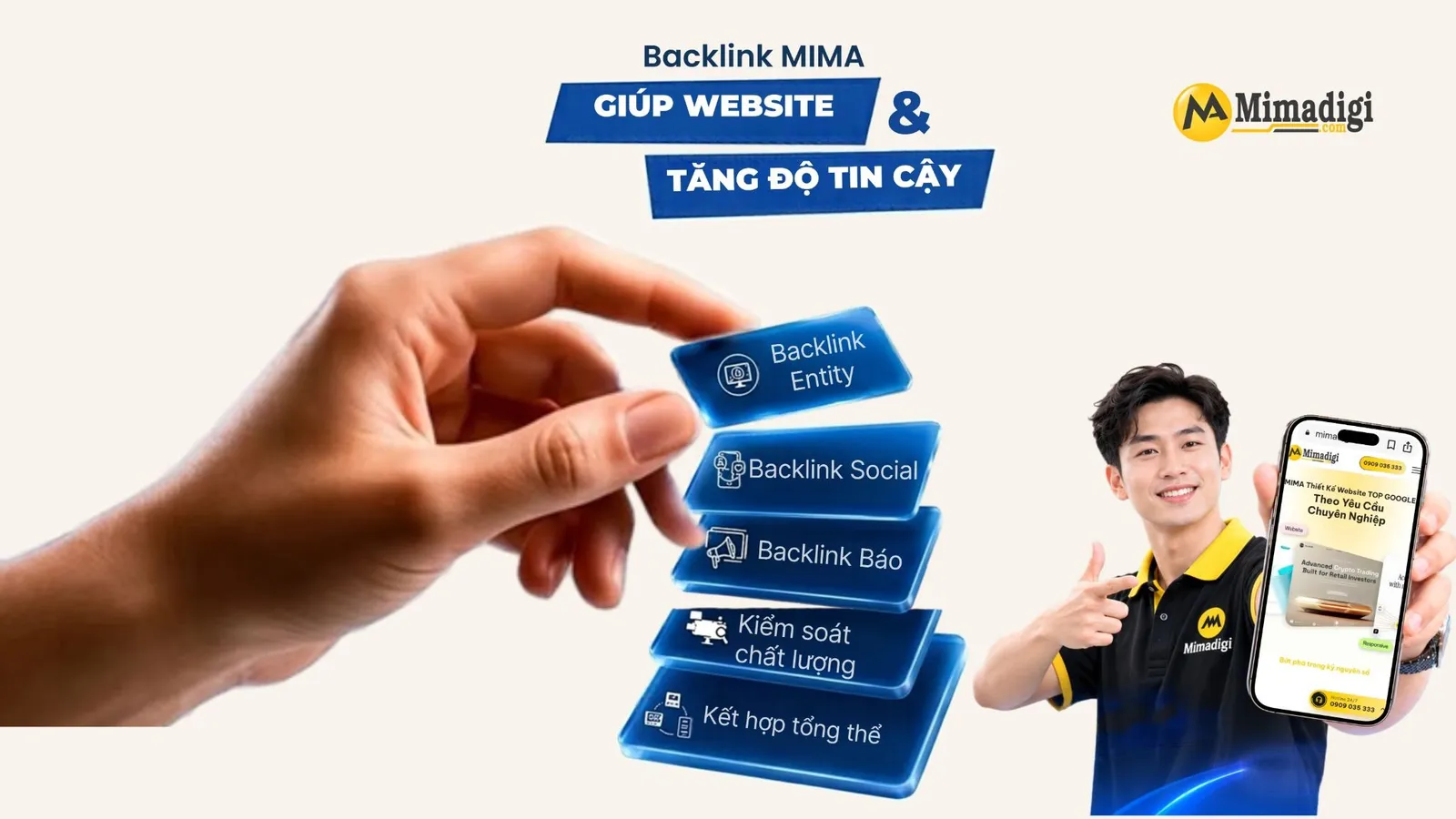 Dịch vụ backlink MIMA kết hợp Entity, Social và báo chí nhằm tăng độ tin cậy cho website.