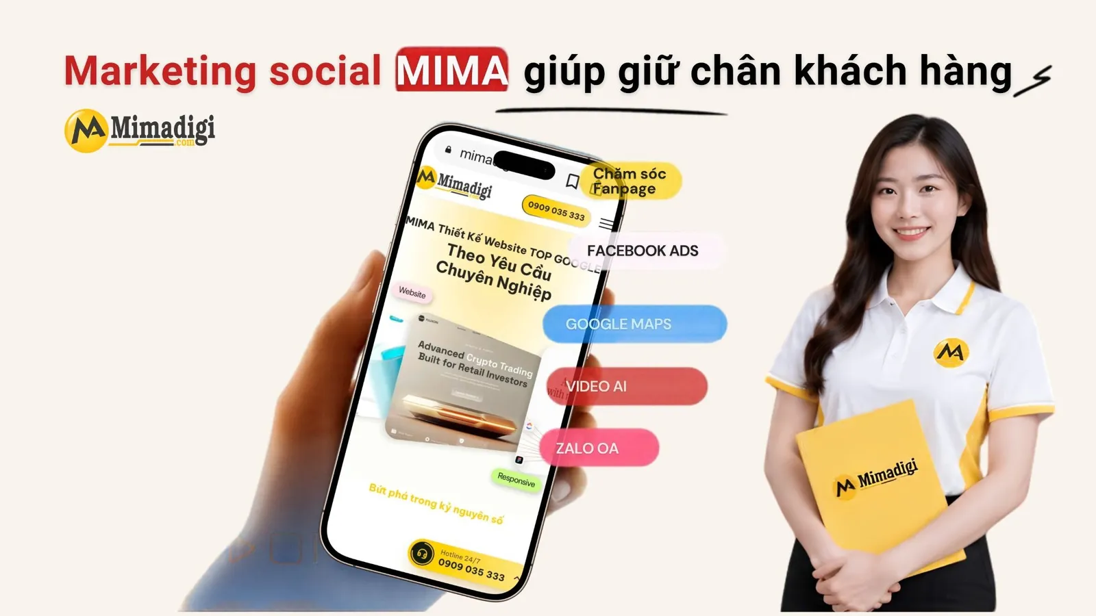 Marketing Social gồm chăm sóc fanpage, Zalo OA và video AI giúp duy trì tương tác với khách hàng.