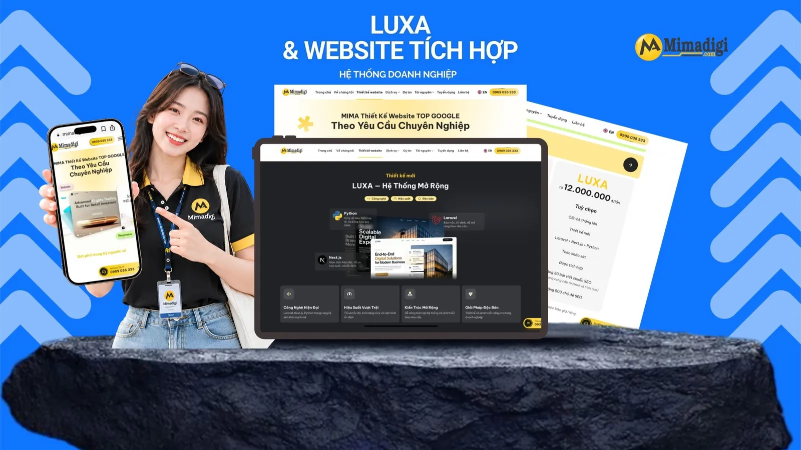 LUXA phát triển website bằng Laravel, Next.js và Python, hỗ trợ tích hợp app và phần mềm nội bộ.