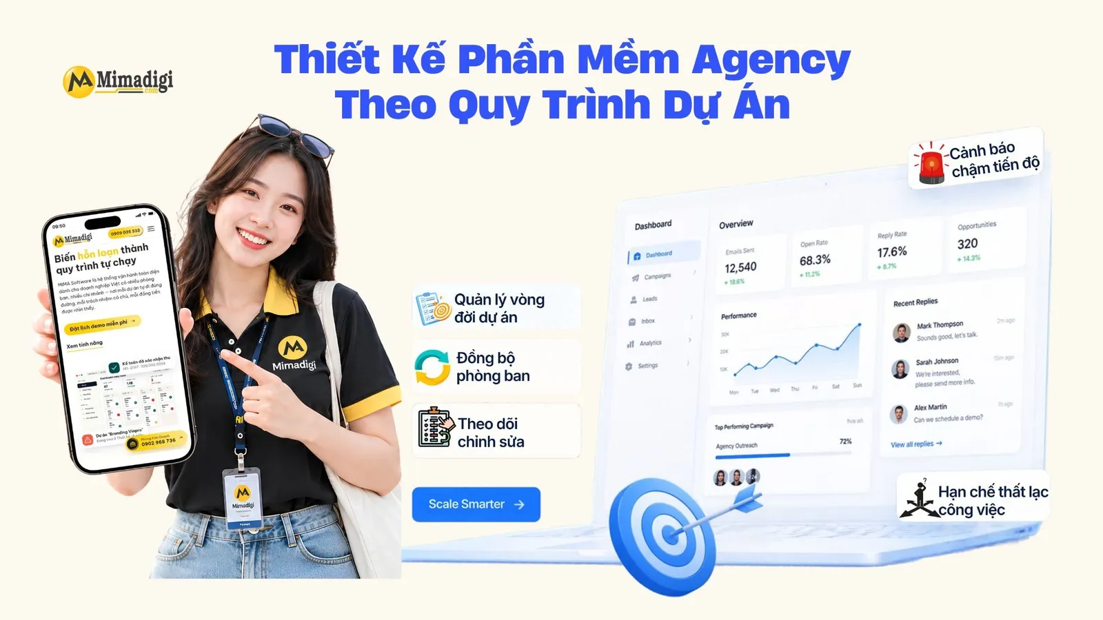 MIMA Software theo dõi dự án Agency từ ký hợp đồng đến bàn giao, lưu lịch sử chỉnh sửa và cảnh báo chậm tiến độ