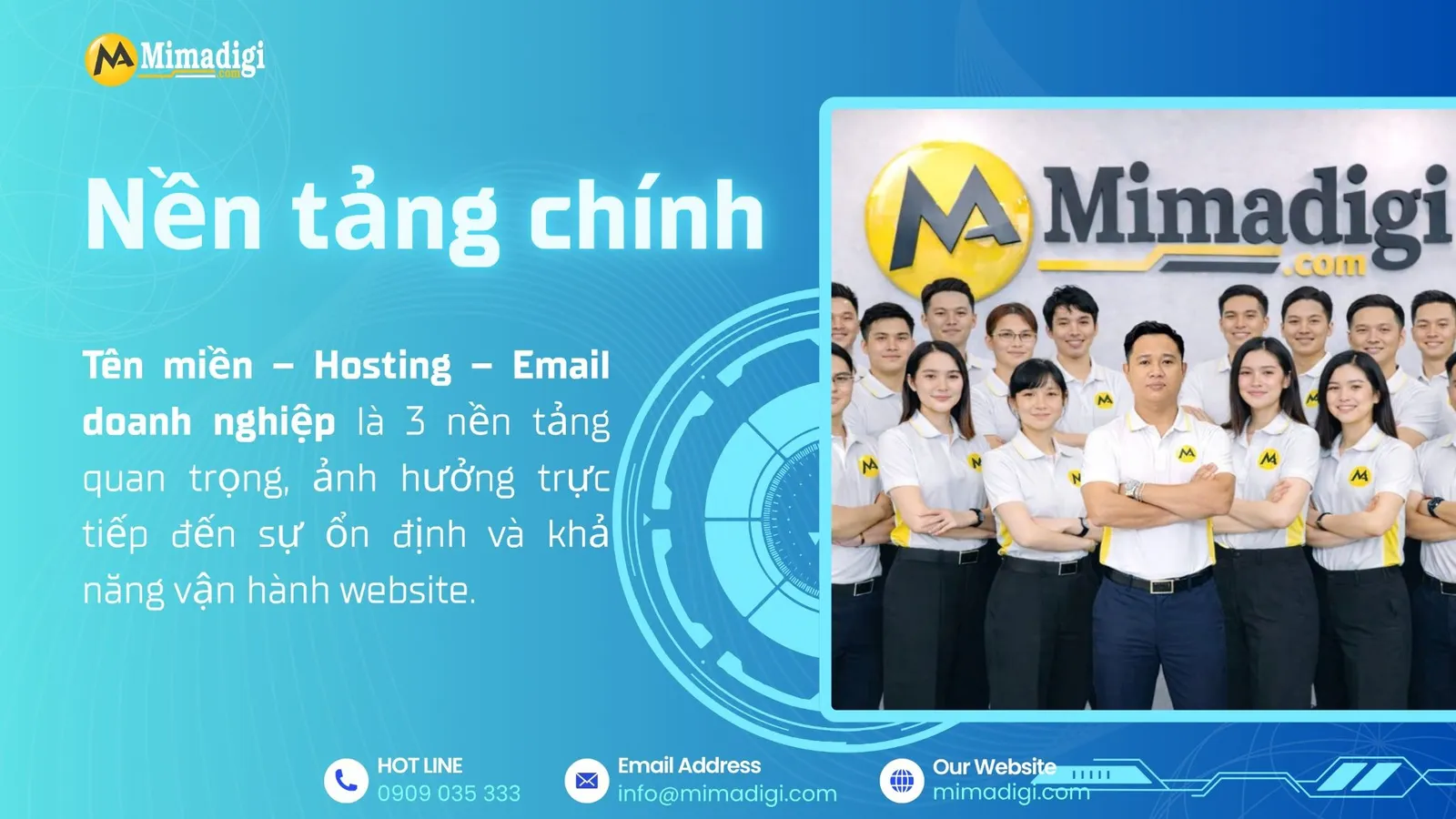 Nền tảng chính của MIMA gồm tên miền, Hosting SEO và Email Doanh Nghiệp