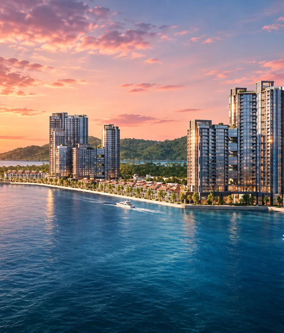Khu căn hộ cao tầng ven biển lúc hoàng hôn