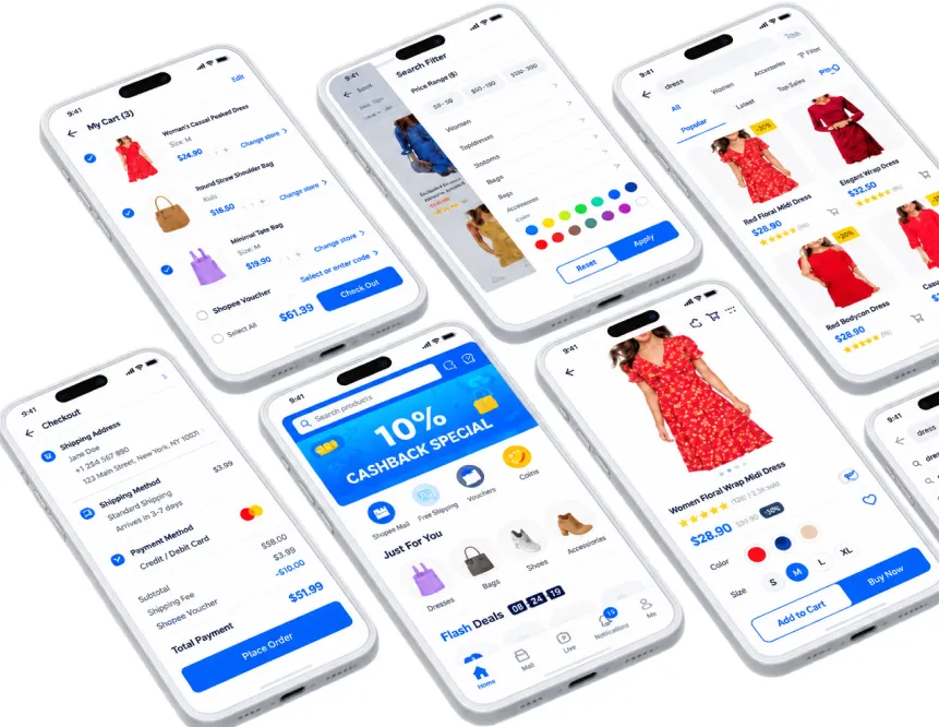 Bộ màn hình app bán hàng: giỏ hàng, bộ lọc, flash deal, thanh toán