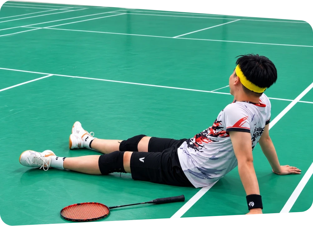 A MIMA team member sitting on the court, worn out after a long rally