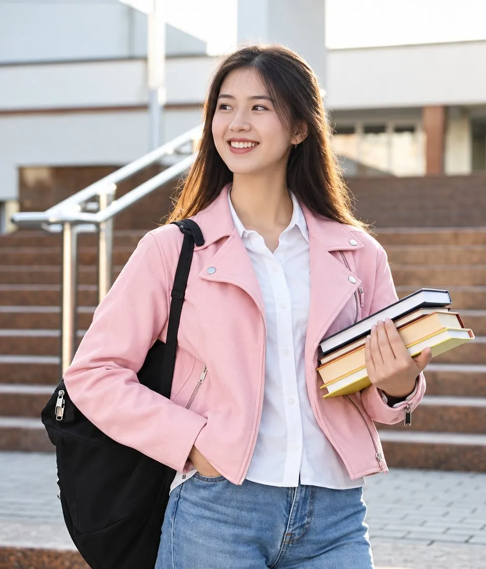 Nữ sinh ôm sách trước khuôn viên trường đại học