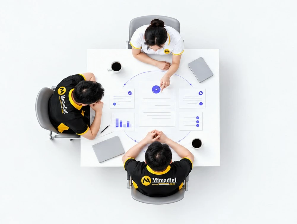 The MIMA team working together around a table, seen from above