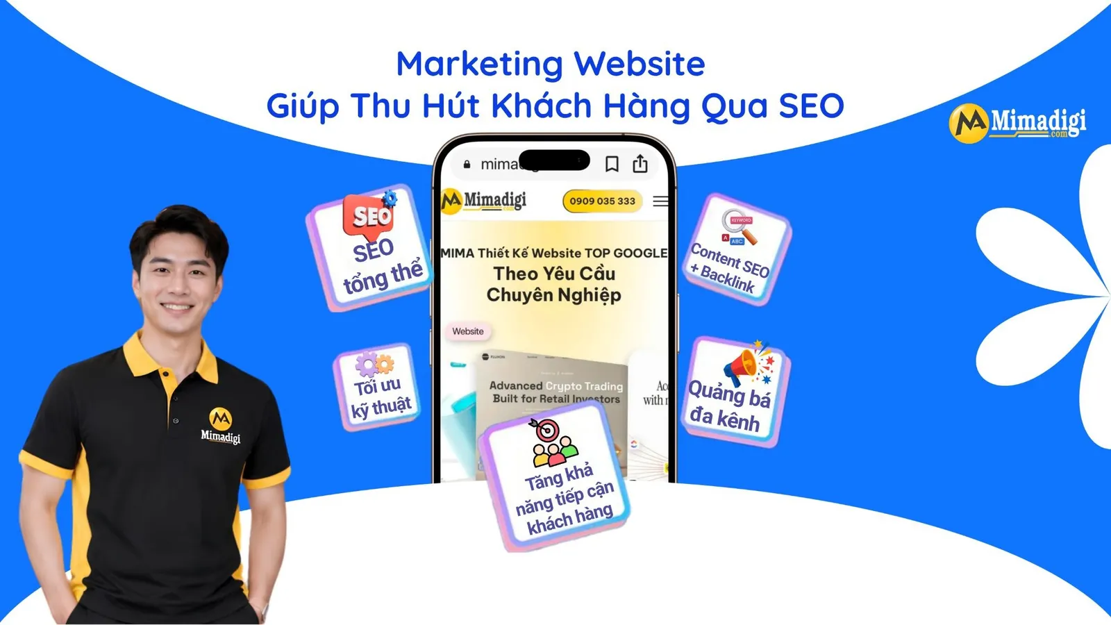 Marketing Website MIMA kết hợp SEO tổng thể, content SEO, backlink, Traffic User và tối ưu kỹ thuật để thu hút khách hàng.