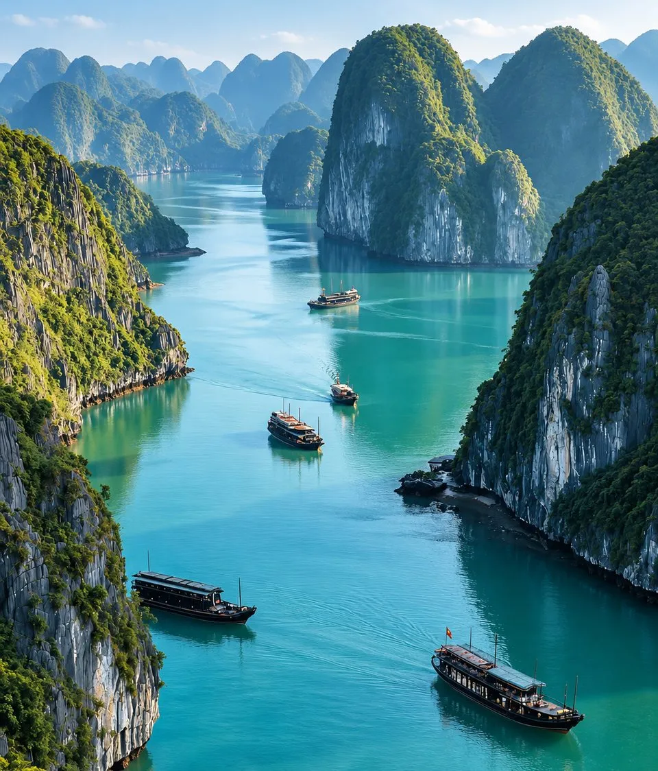 Vịnh Hạ Long nhìn từ trên cao với những chiếc thuyền du lịch