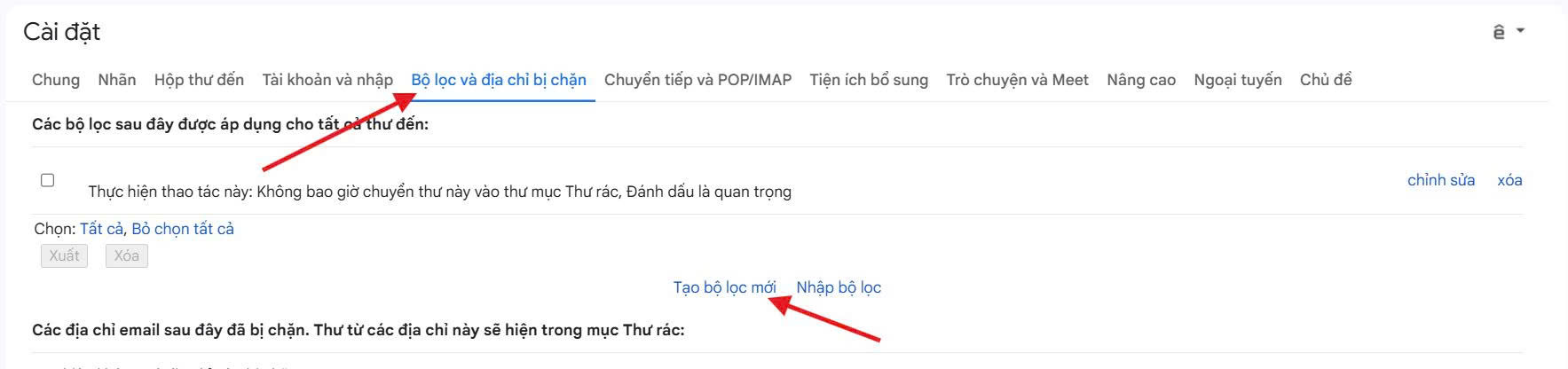 Bước 2: Mở mục Bộ lọc email